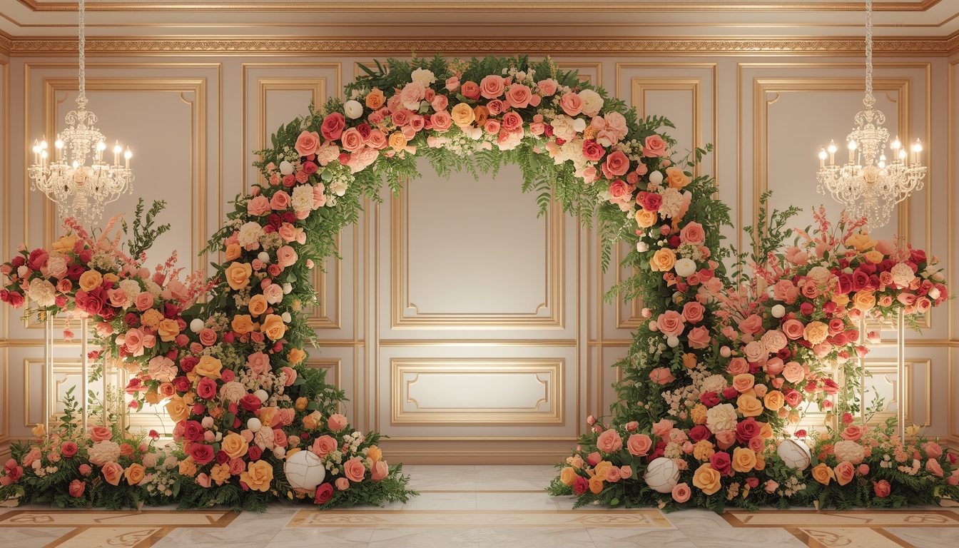 Luxusní svatební dekorace s květinovou bránou a elegantními prvky